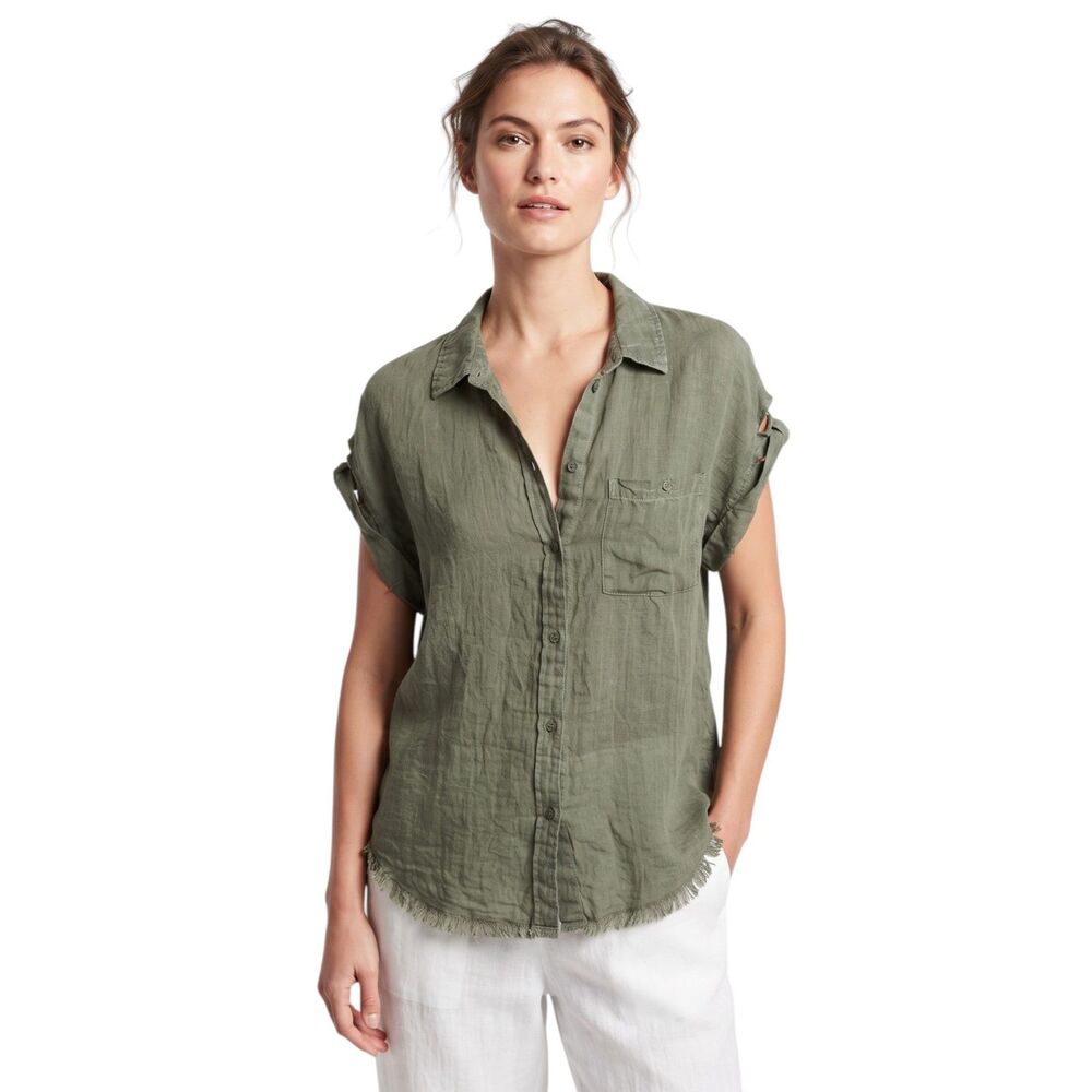 Umgee Green Button-Up Frayed Hem High Low Women's Top MED